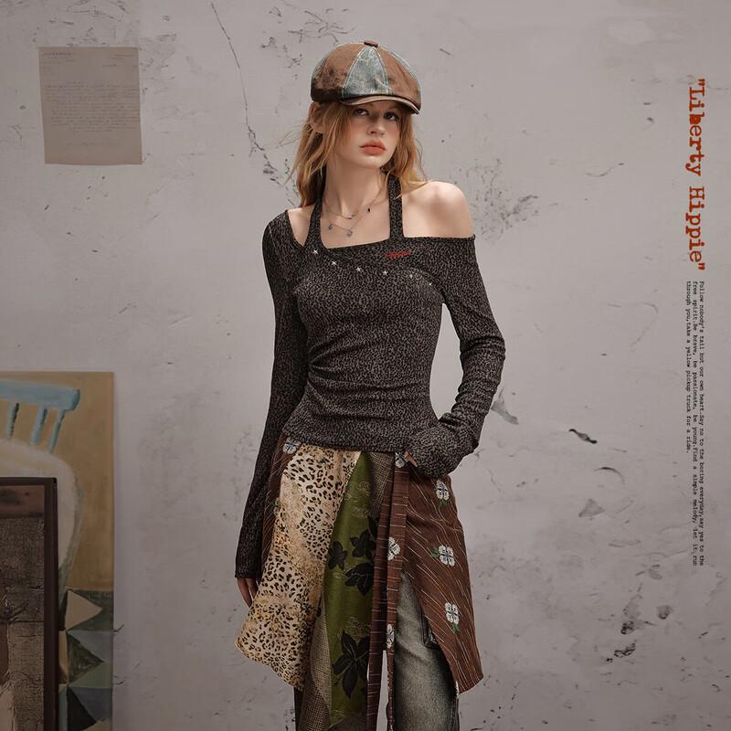 UNIFREE Faux Two-Piece Leopard Print Embroidered Slim T-Shirt L