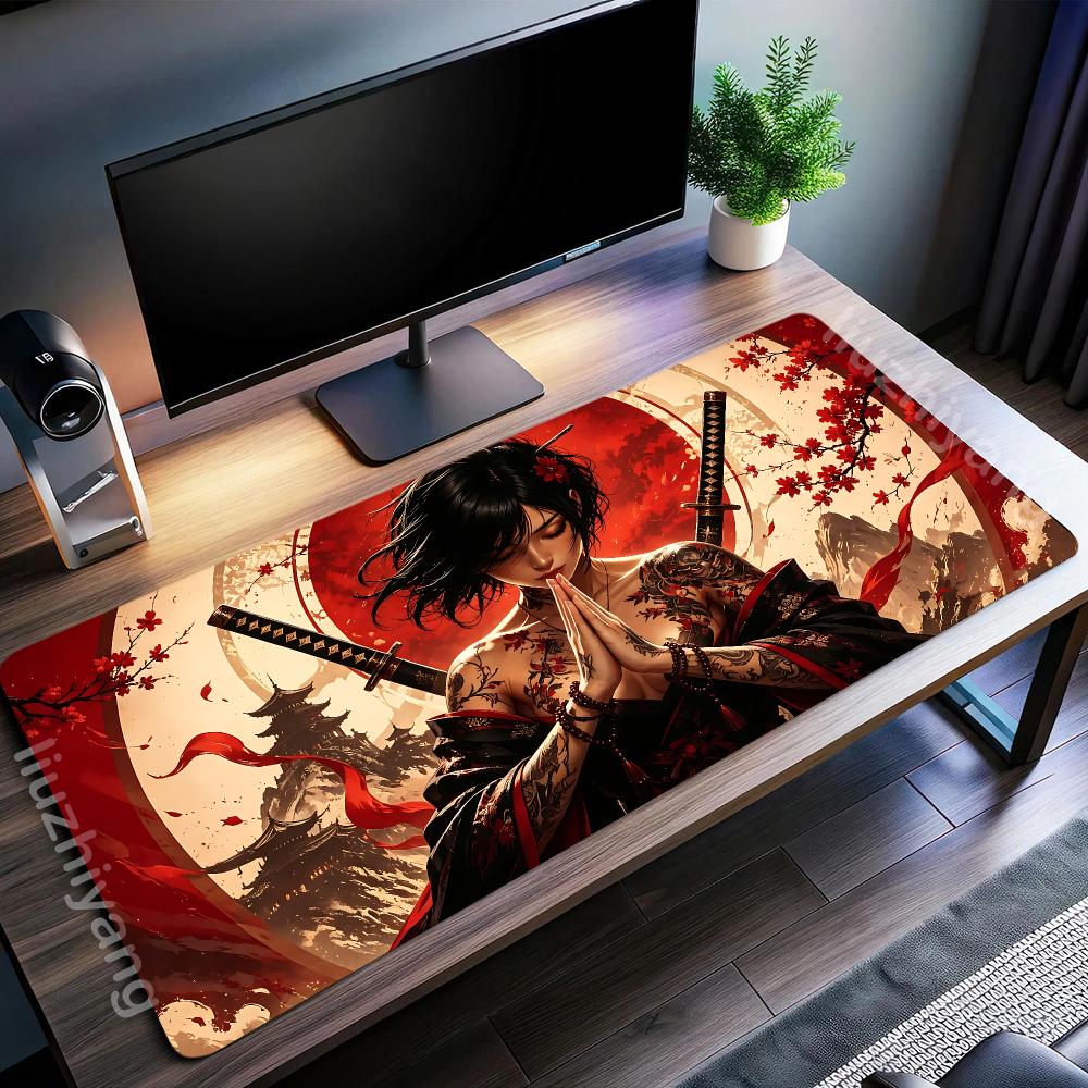 Tapis de Souris Fille Samouraï Japonaise Grand pour Ordinateur Bureau Jeu Table Tapis Caoutchouc Antidérapant Bords Cousus Tapis Clavier 90x40 XXL Tapis de Bureau