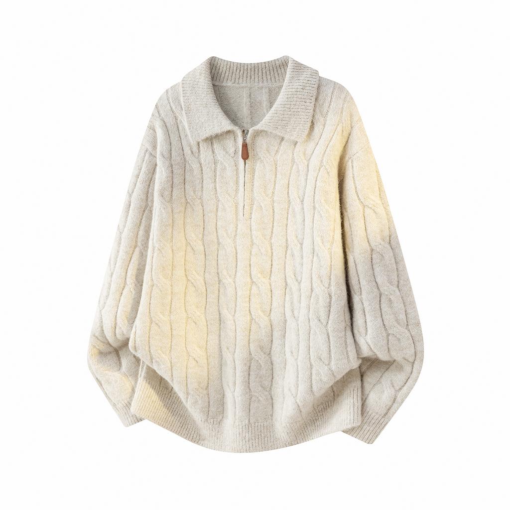 Knitted lapel sweater slightly wide half-zip jacket casual sweater long sleeves