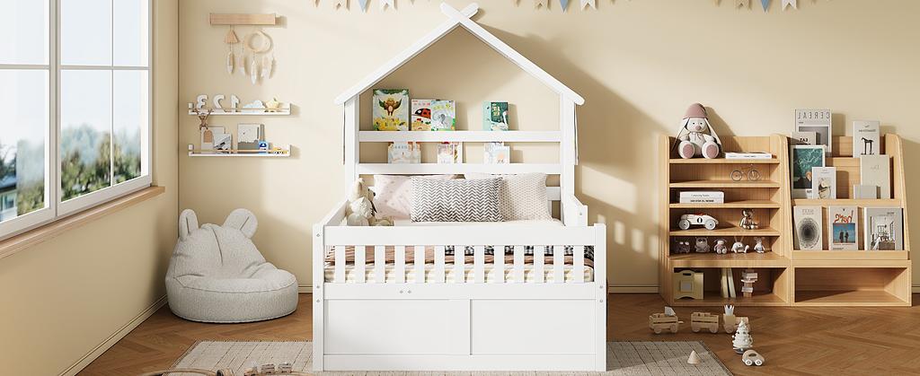 Wooden Platform Bed, House-Shaped, 140 X 200 Cm, with Trundle Bed, 3 Drawers and Safety Rails, White.