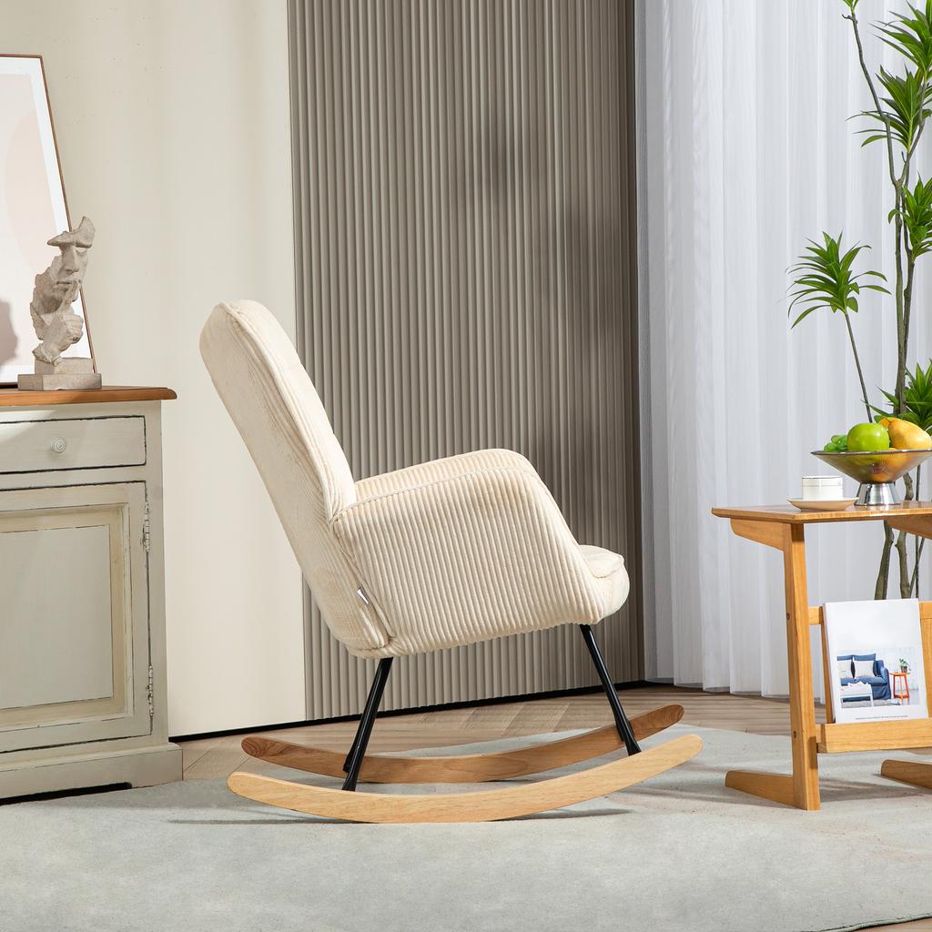 Vintage Rocking Chair, Curved Rockers, Thick Padding, Beechwood & Steel, Beige