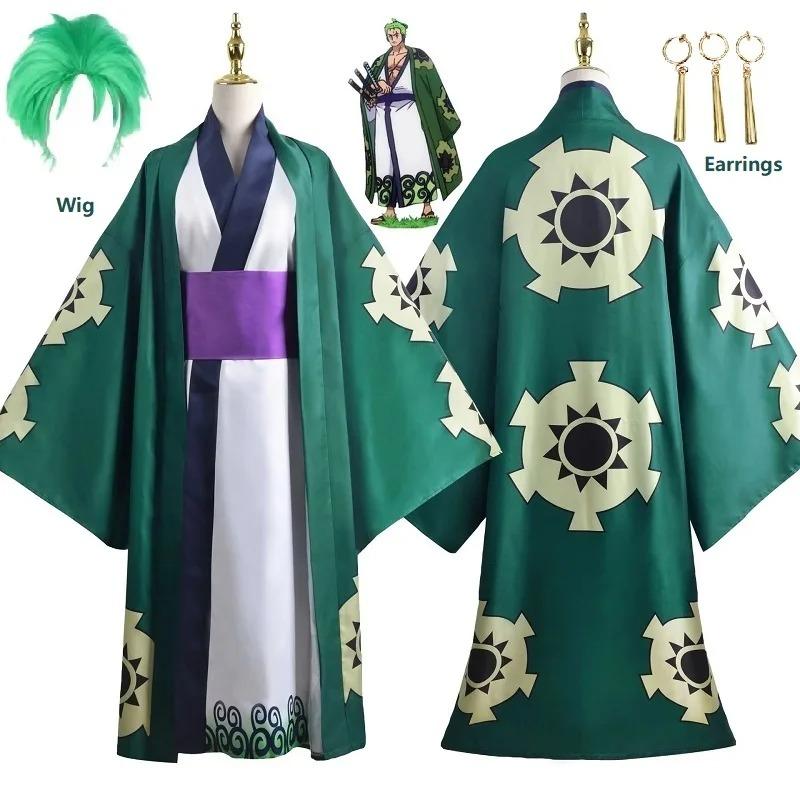 Zelené Kimono Roronoa Zoro Cosplay Anime Kostým Uniforma na Halloween Pánský Oblek Podšívka Paruka Vnější oděv Pásek Disfraz Halloween
