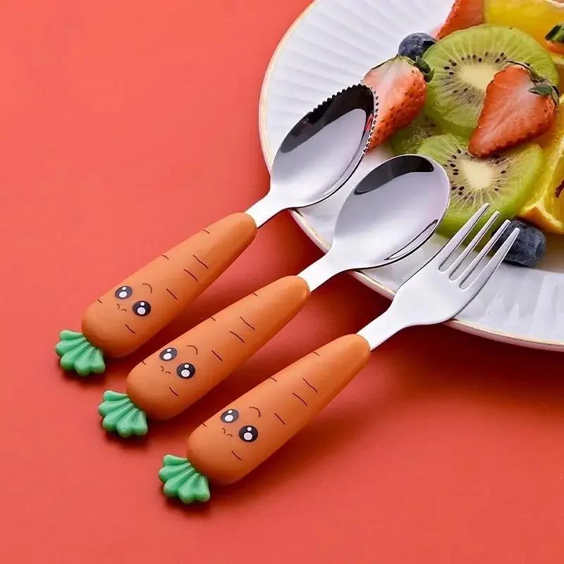 3 Pcs/Set Carrot Set Kids Tableware Stainless Steel Spoon And Fork Cutlery With Box Baby Feeding Kitchen Tableware Supplies