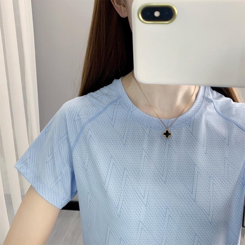 Women's Quick-Dry Mesh Printed Sports T-Shirt - Summer Round Neck, Short Sleeve, Sweat-Wicking, Ice Silk Fabric for Running & Fitness