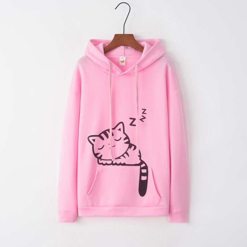 2022 Popular Women's Loose Fleece Hoodie with Cat Print Design
