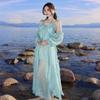 French Beautiful Blue-green Holiday Style Neck Sling Dress Seaside Photo Fairy Beach Halter Dress 2026