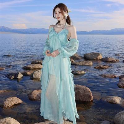 French Beautiful Blue-green Holiday Style Neck Sling Dress Seaside Photo Fairy Beach Halter Dress 2026