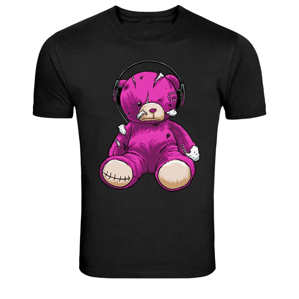 Pink Teddy Bear With Headphones Cute Graphic T-Shirt
