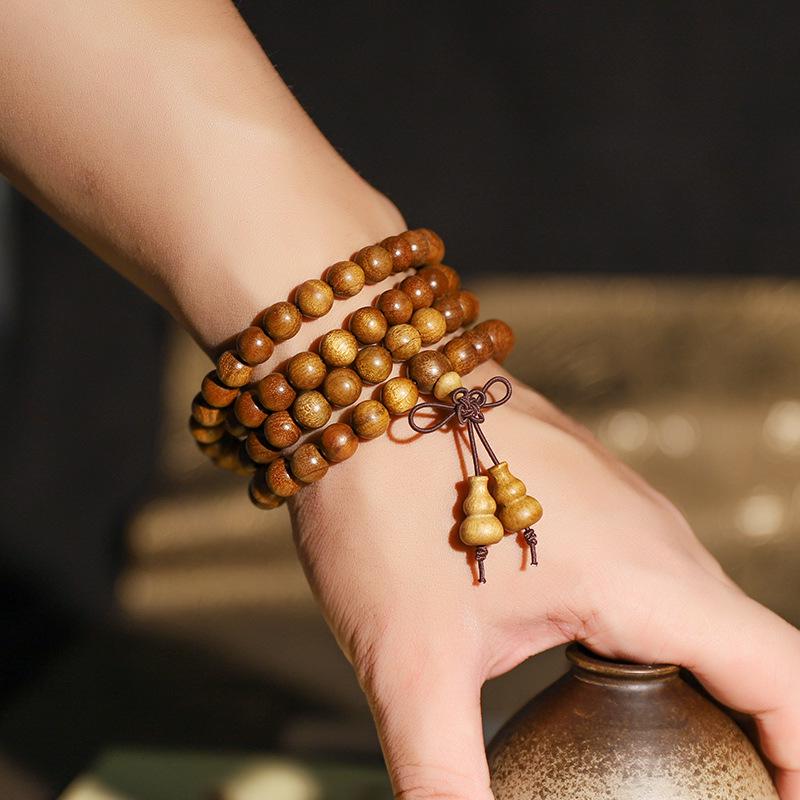 Sichuan Golden Silk Nanmu Agarwood 108-Bead Buddhist Necklace & Bracelet Set