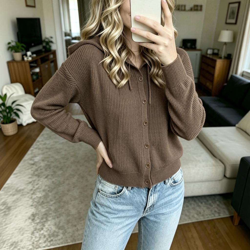 Damen Kapuzen Strick Cardigan Pullover Offene Vorderseite Lässige Jacke Mantel