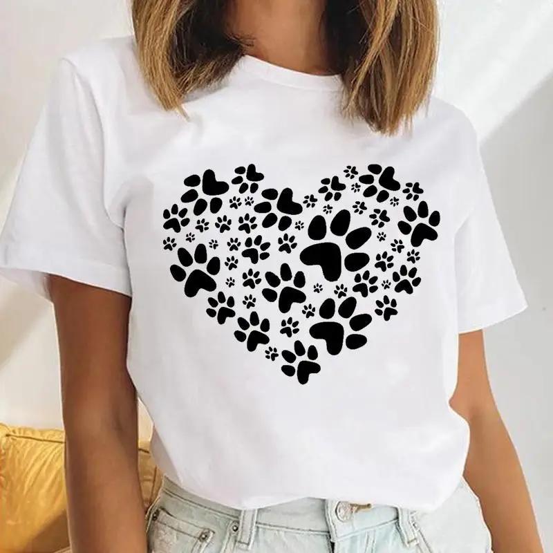 Damen Hunde PFOTEN Liebe Muster Cartoon T-Shirt Kurzärmelig Lässig Harajuku Stil Kurzärmeliges Grafik T-Shirt