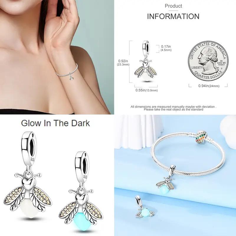 Real Copper Charms Luminous Firefly Butterfly Sunflower Pink Beads Fit Original Bracelet Women Birthday Diy Jewelry