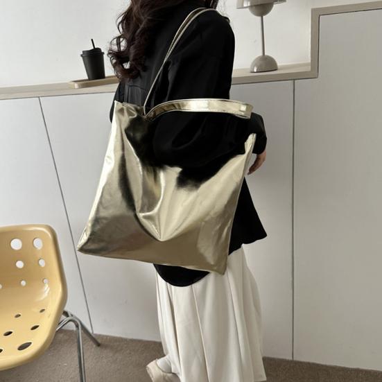 Glossy Tote Bag Women Shiny Solid Color Shoulder Bag High Capacity Faux Leather Handbag for Date Street Party Shopping