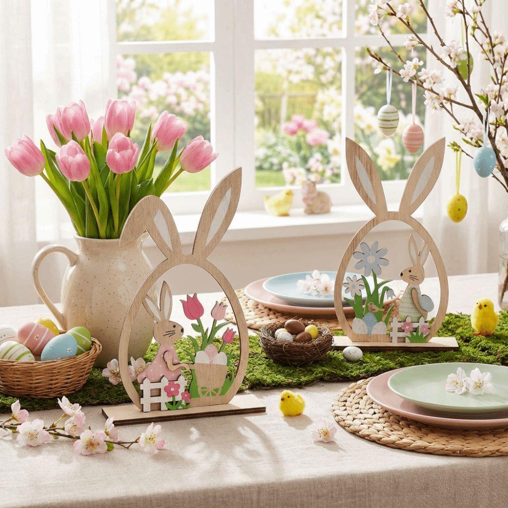 2Pcs Farmhouse Rustic Wooden Easter Rabbit Hand-Painted Easter Table Decor  Spring Festival