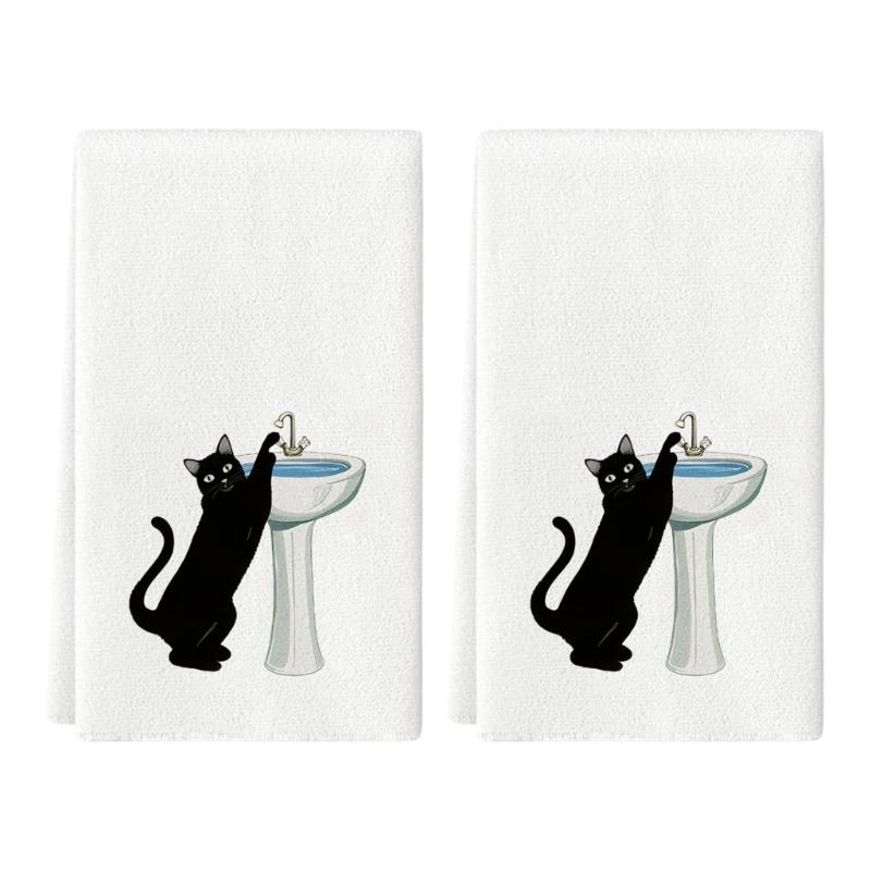 Set of 2 Decorsative Cats Themed Kitchen Towels Quick Drying Dishcloths Hand Towel For Countertop Decors Practical Use