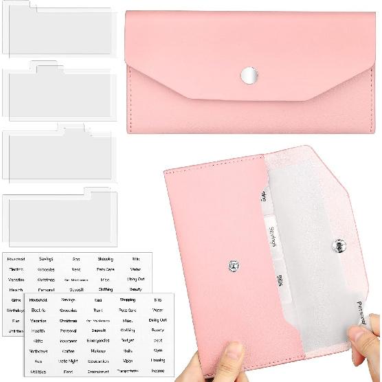 Frienda 1 Cash Envelope Wallet PU Leather Reble Budget Envelope 8 Cash Dividers 2 Sheets Category Sticker Labels for Wallets Bill Planner(Black