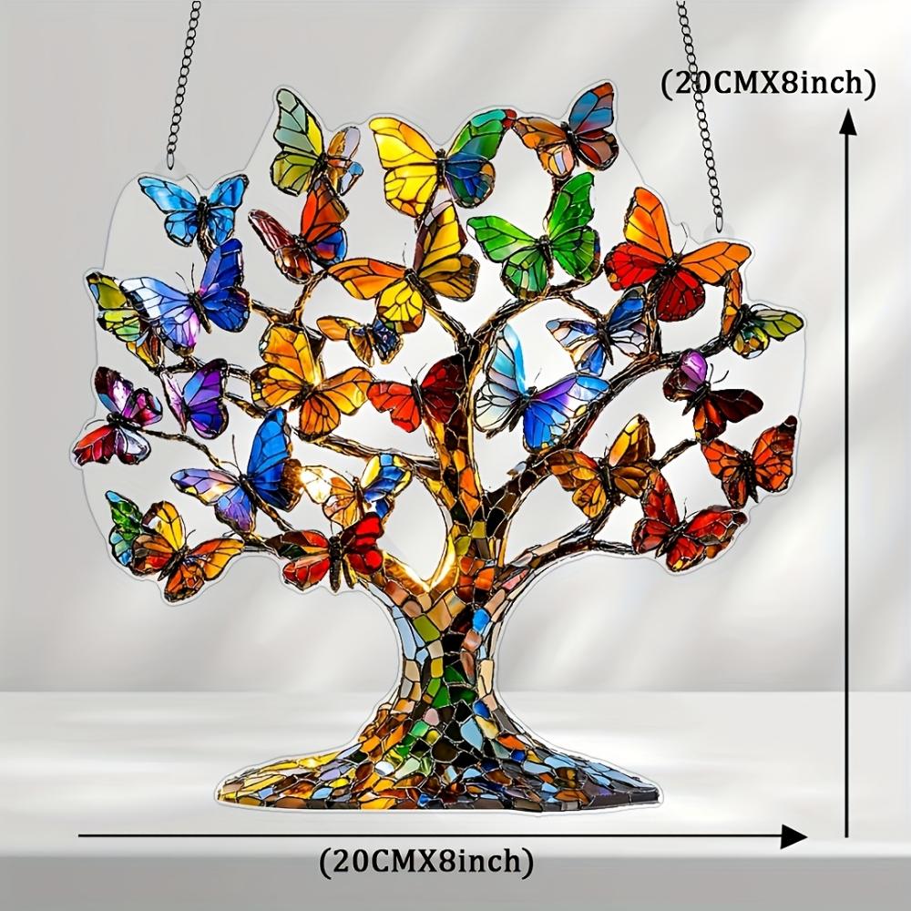 Colgante plano acrílico 2D de mariposa árbol de la vida, decoración colgante para ventana, adornos para coche, decoración para oficina, cocina, jardín, porche, dormitorio, patio