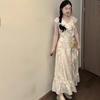Summer French Gentle Wind Fungus Edge Floral V-neck Bag Sleeve Dress Temperament Waist A Word Long Dress Women's Clothing