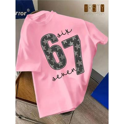 Europäische Größen Nummer 67 Bedrucktes T-Shirt Sommer Kurzarm Rundhals Lässiges Oberteil mit Nummer 67 Design Atmungsaktiv Bequem Regulär