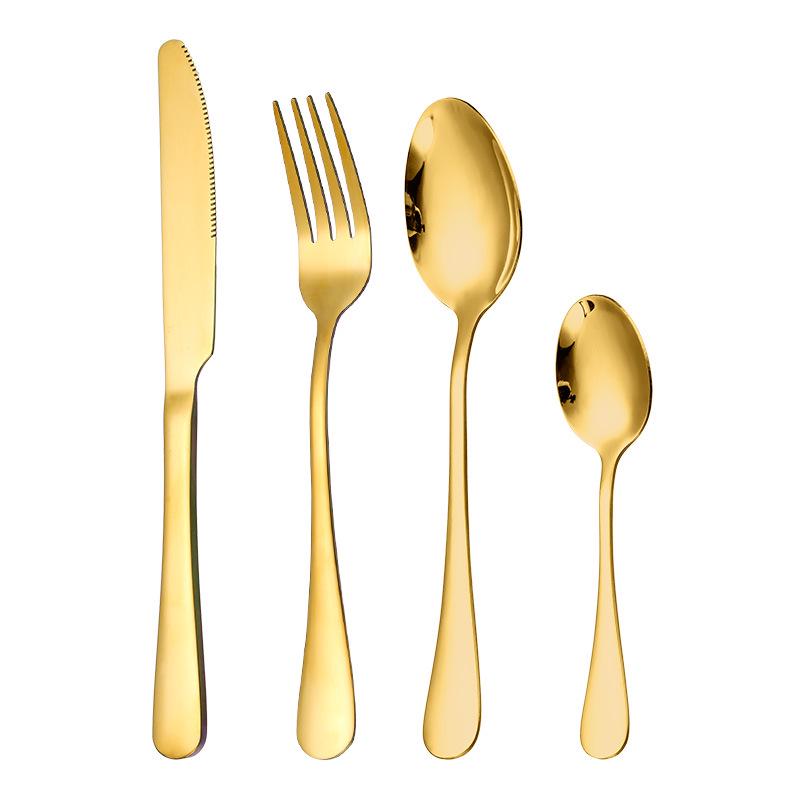 24-Piece Titanium Gold Stainless Steel Cutlery Set with Western Steak Knife, Fork, Spoon, and Laser Logo - Gift Pack.