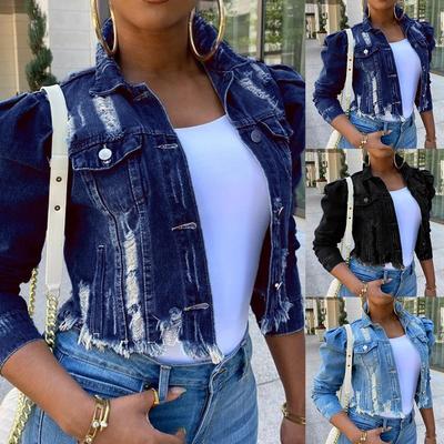 Frauen Sexy Ripped Denim Jacken Vintage Beiläufige Kurze Jean Jacke Puff Hülse Weibliche Mantel Streetwear