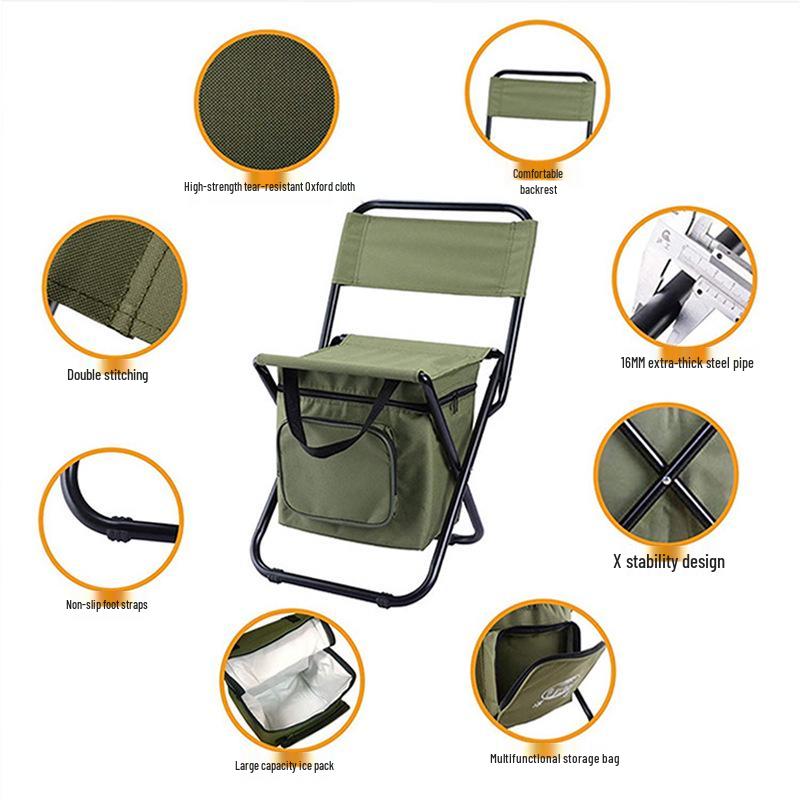 Portable Folding Chair with Insulated Storage Bag and Backrest for Outdoor Camping and Fishing Activities