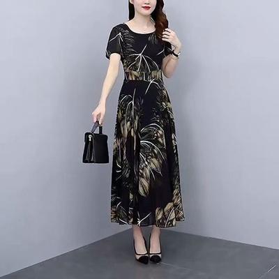 Vintage Printed O-Neck Long Dress 2024 Summer Casual Short Sleeve Female Clothing Fashion Patchwork Commute A-Line Waist Dresses