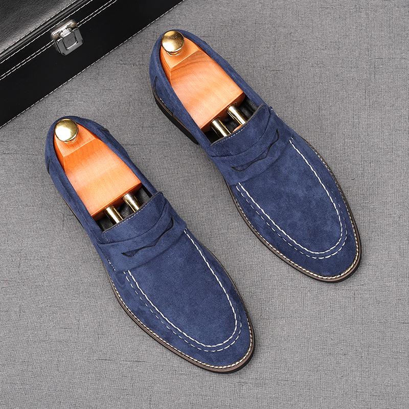 New Men's Pointed Slip On Suede Leather Business Flats Shoes Male Designer Penny Loafers Homecoming Wedding Dress Footwear