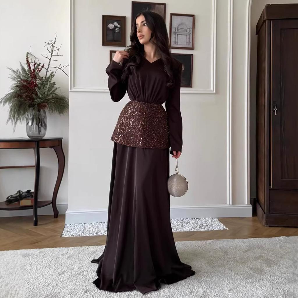 European and American Women's Clothing Spring New Temperament Elegant V-neck Sequined Apron Satin Dress Dress