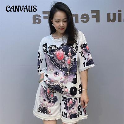 Summer Women's Beaded T-shirt Set Plus Size 3D Printed Short Sleeve Shorts Suit