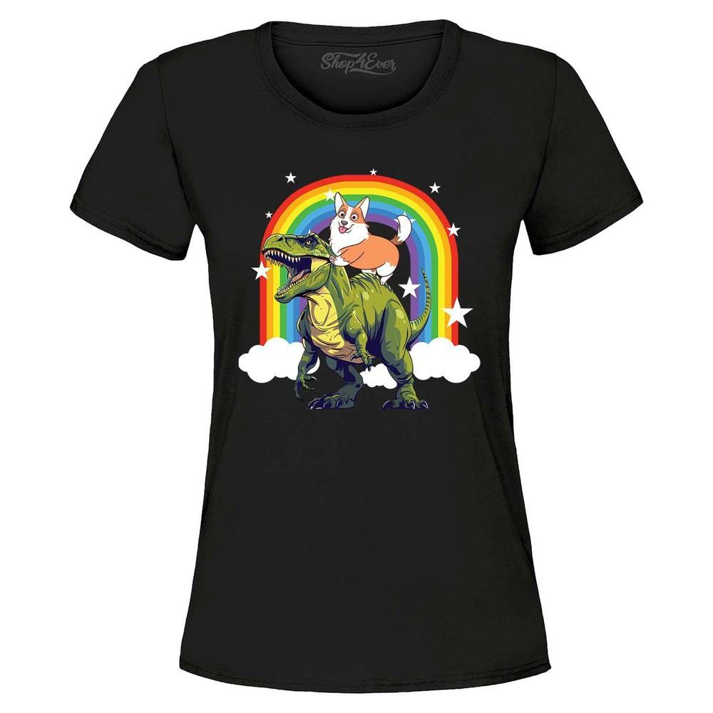 

Corgi Riding Dinosaur Funny Rainbow Women s T-Shirt Pet Dog Lover Shirts L