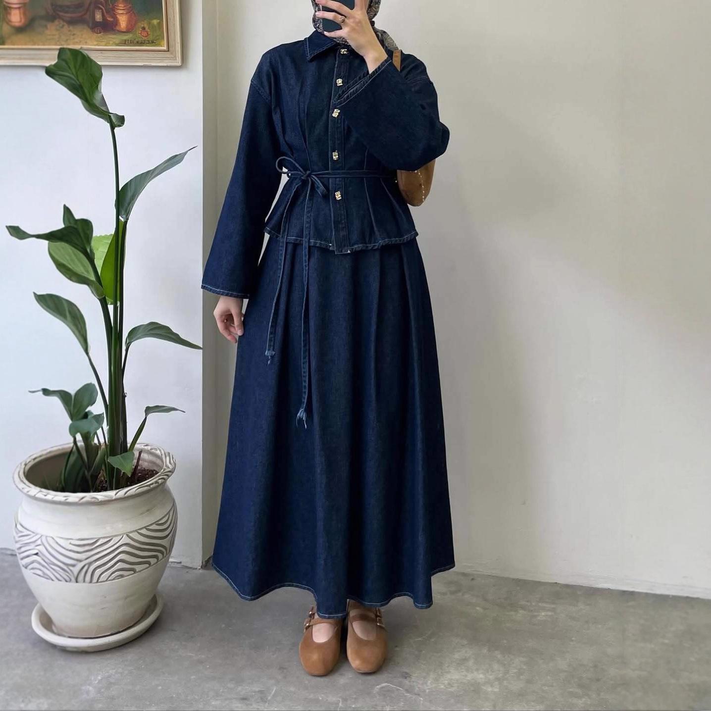 2025 cross-border European and American autumn new cardigan temperament lapel denim button waist lace-up skirt women s clothing XS
