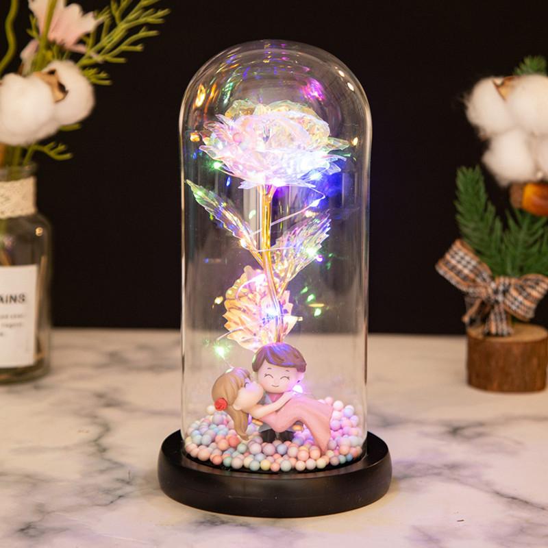 Gold Rose Glass Cover Ornament, Gold Leaf Flower LED Light Creative Christmas and Valentine's Day Gift
