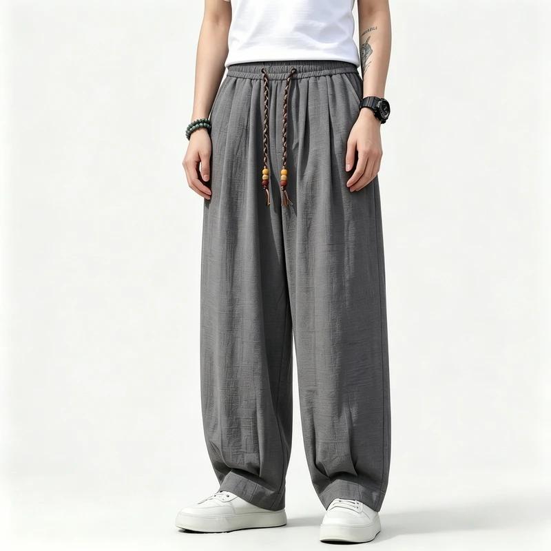 2026 Men New Chinese Style Imitation Linen Casual Pants Loose Lantern Harem Pants Elastic Waist Lightweight Trousers Streetwear