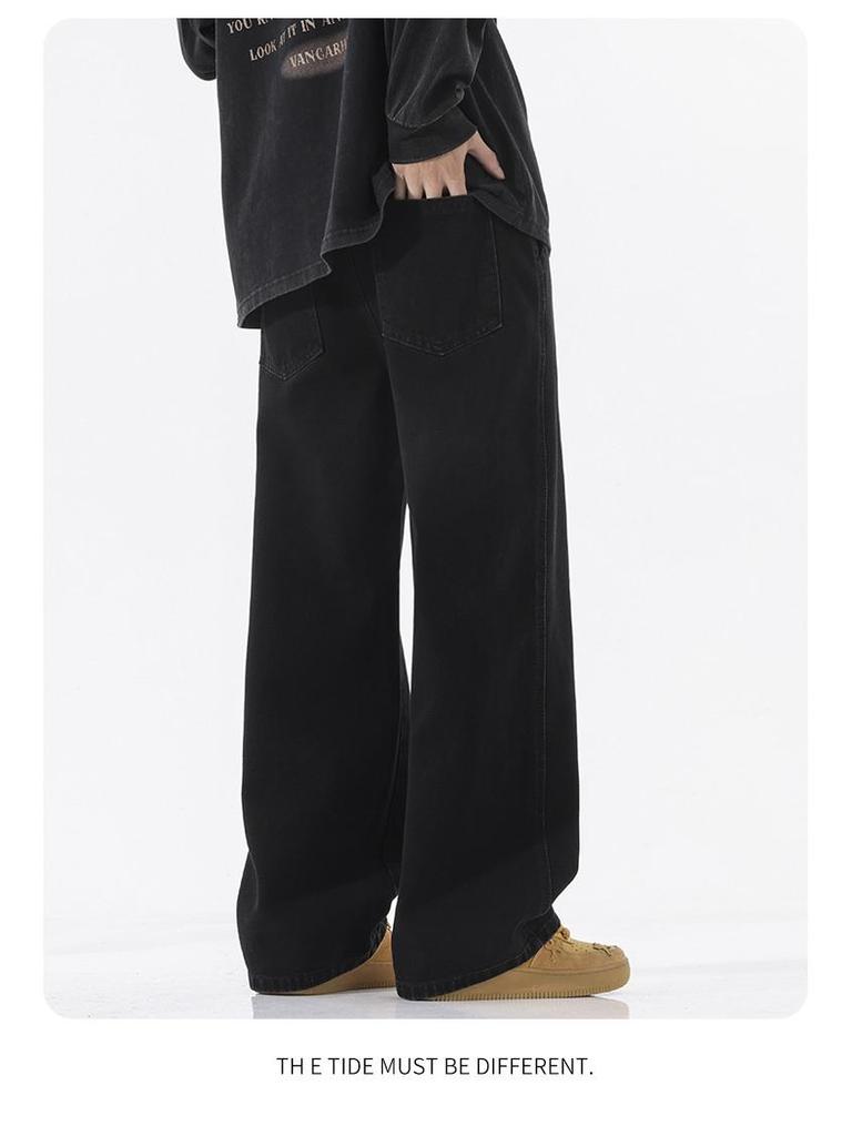 Herren Japanischer Stil Helle Farbe Weite Beine Kordelzug Jeans mit Elastischem Bund, Lockere Gerade Passform, Bodenlang Lässige Trendige Hose