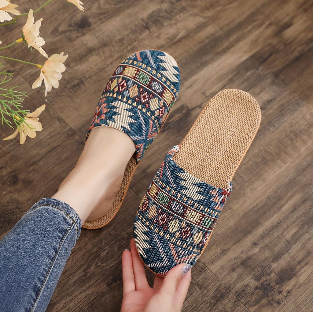 Ethnic Style Rhombus Bag Head Slippers Women's New Cloth Large Size Slippers Wholesale Linen Couple Comfortable Cotton and Linen Home