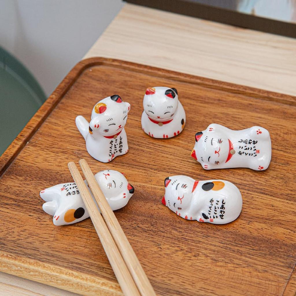 BUYUP Chopstick Set of 5 Cute Japanese Cat Chopstick Brush Miniature Small Interior Ceramic Rests, Cats, Style, Lucky, Happy, Pillow, Rest, Ornament,
