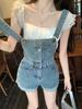 Women's Summer 2025 Slimming Retro Ruffled High Waist Denim Overall Shorts