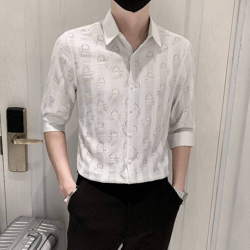 

Летние приталенные рубашки с отложным воротником, модные ажурные мужские рубашки, базовые однотонные, однобортные, повседневные рубашки с рукавом 3/4 S белый