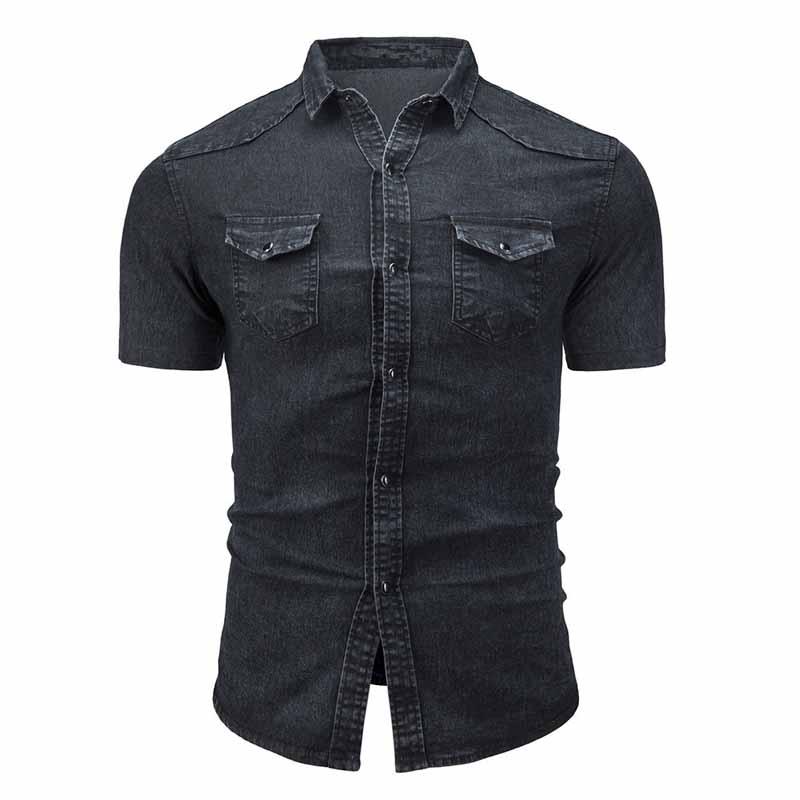 

Мужская джинсовая однотонная повседневная мужская рубашка с коротким рукавом, свободная рубашка-джокер XXXL темно серый