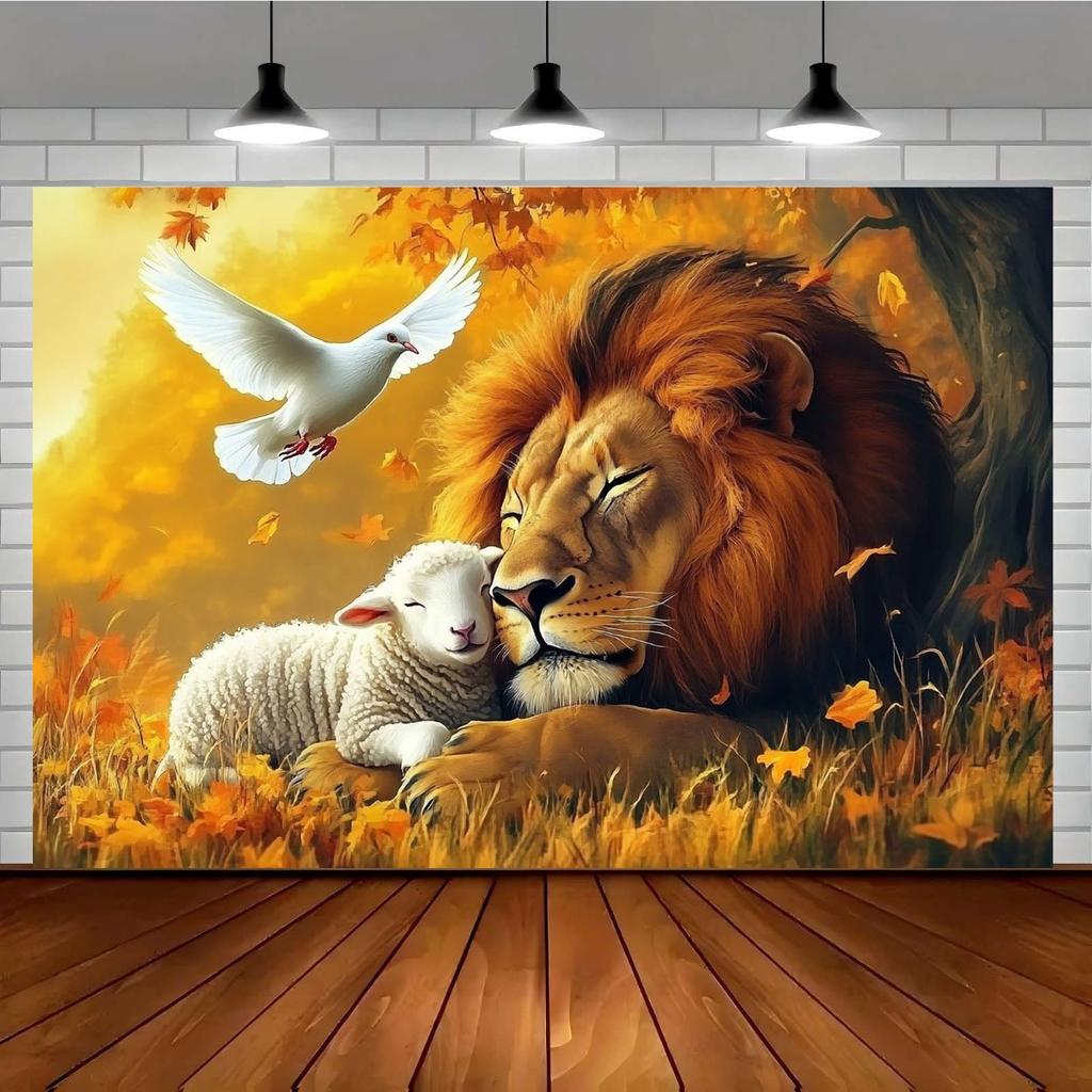Realistic Lion Lamb and Dove Tapestry Art Print Golden Nature Wall Hanging Decor Home Decoration 180x280cm