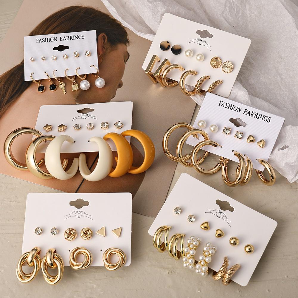 IF ME Korean Butterfly Pearl Stud Earrings Set Fashion Geometry Zircon Hoop Earring Women Jewelry Accessories