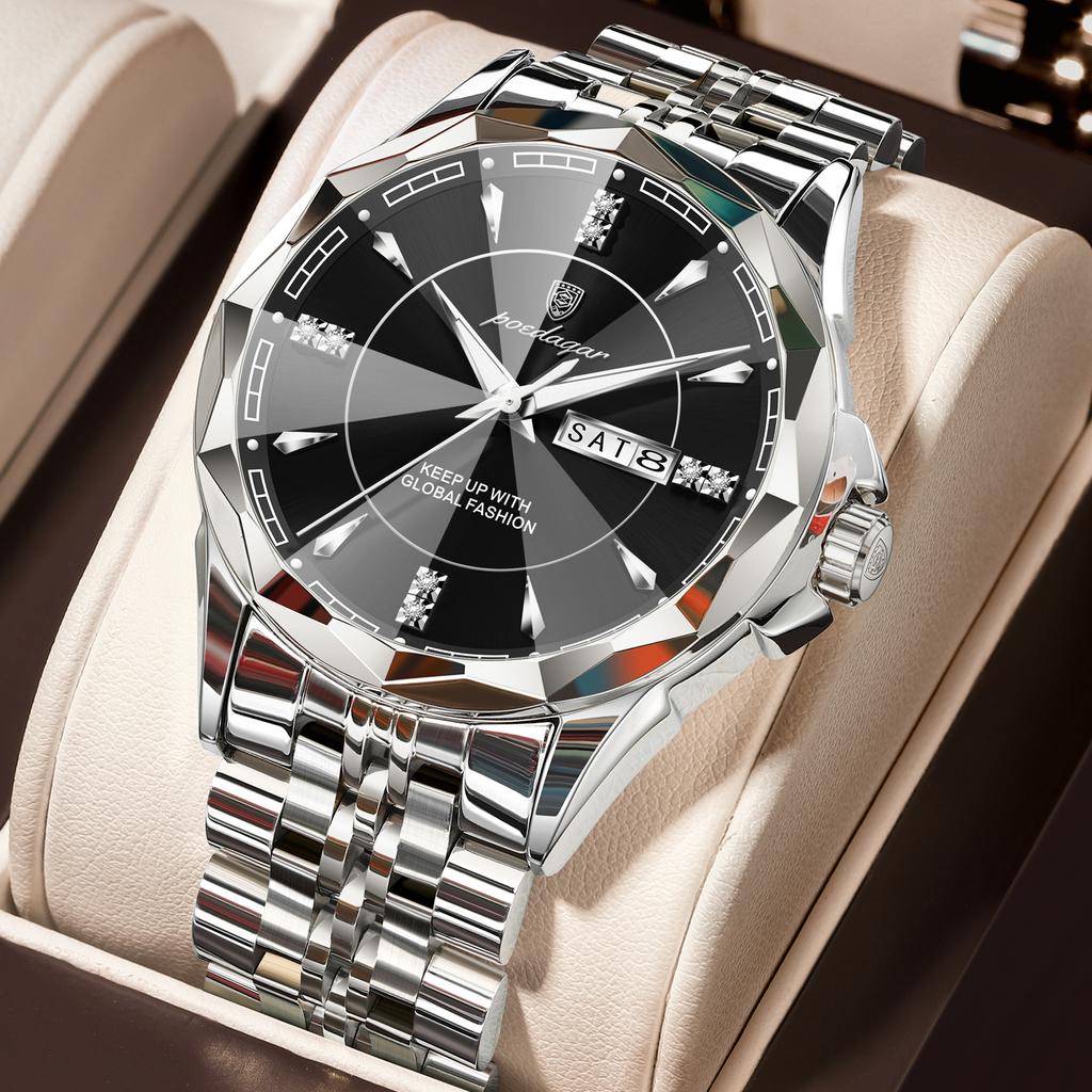 POEDAGAR Top Fashion Man Clock Business Waterproof Luminous Date Week Wristwatch Quartz Stainless Steel Casual Watches