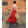 French Red Sexy Backless Suspender Dress Women's Summer Temperament Seaside Vacation Waist Slim Skirt