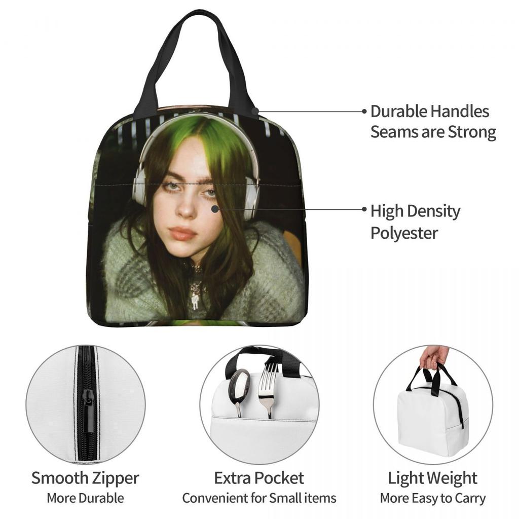 B-Billie-Girl E-eilish American Singer Insulated Lunch Bag Food Container Portable Thermal Cooler Lunch Boxes For School Office