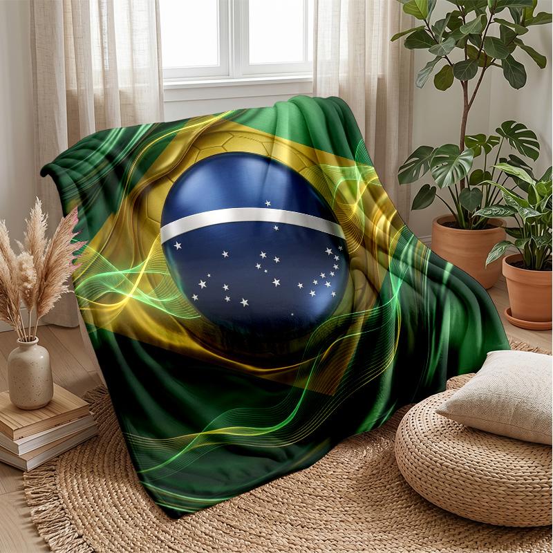 Brazil Football Printed Flannel Blanket Skin Friendly Warm Decorative Throw for Indoor Couch Bed Daily Use