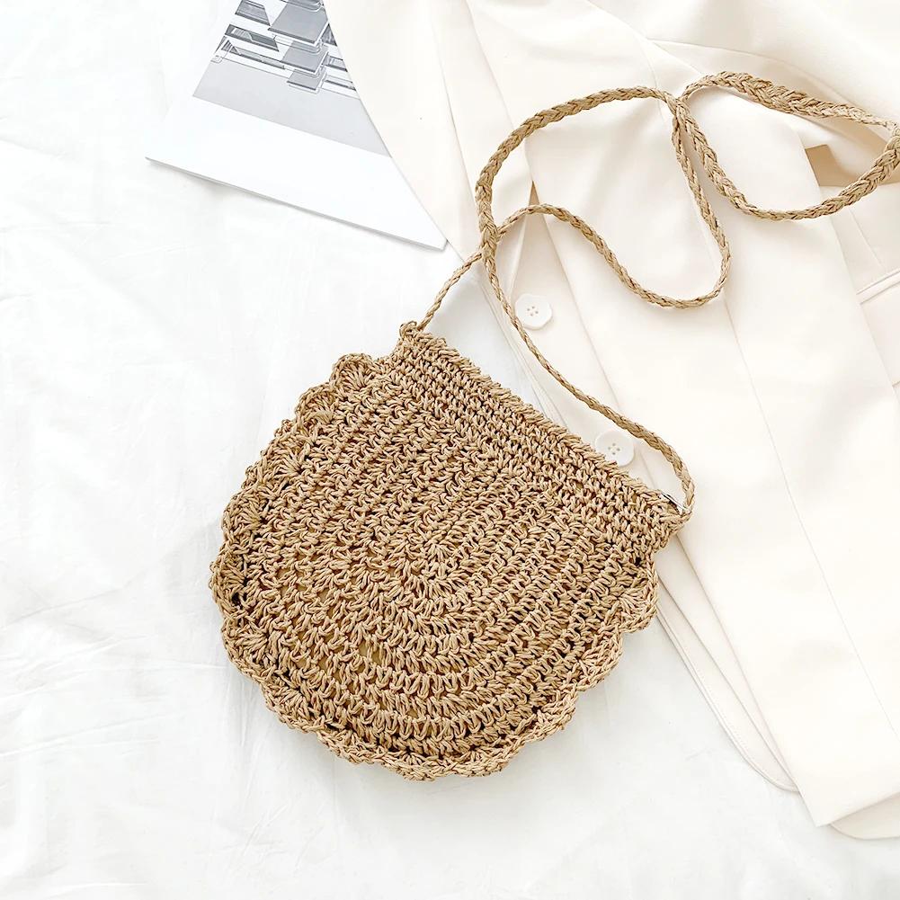 Women Fashion Woven Handbag Round Straw Woven Tote Bag Vacation Shoulder Bag Large Capacity Ethnic Style for Travel Vacation
