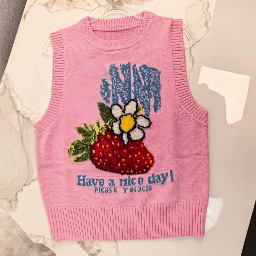 Strawberry Floral Wool Blend Sleeveless Knit Vest