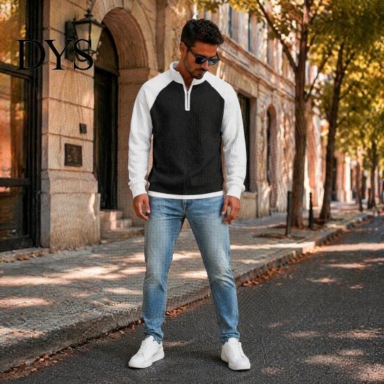Breathable Outdoor Activewear Men Waffle Sweatshirt, Long Sleeve Quarter Zip Contrasting Color Mens Sweatshirt Casual Stand Collar Pullover Shirt for