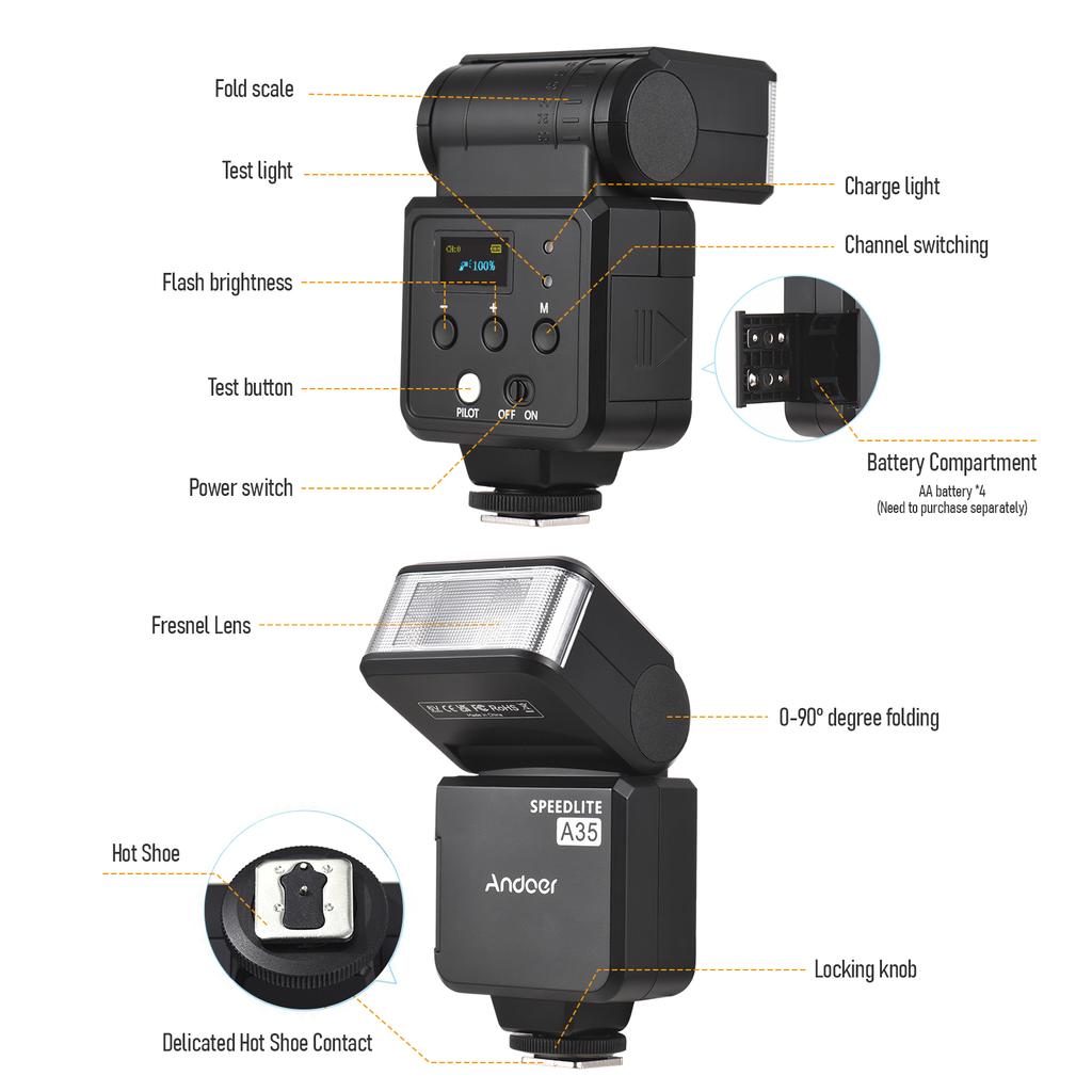 Andoer A35 Universal On-Camera Flash Electronic Speedlite with Universal Hot Shoe GN32 Wireless
